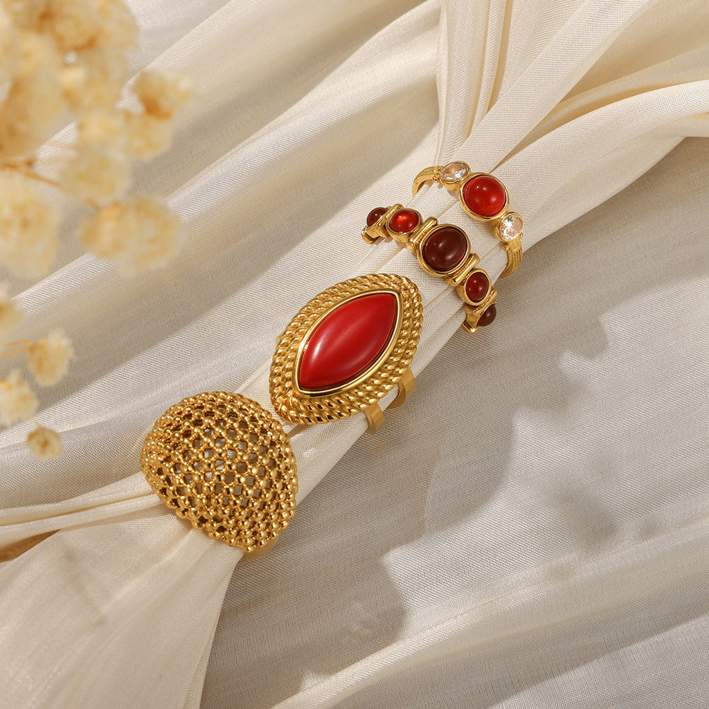 Gold Textured Red Gemstone Stackable Ring Set - Vintage Statement Jewelry for Women