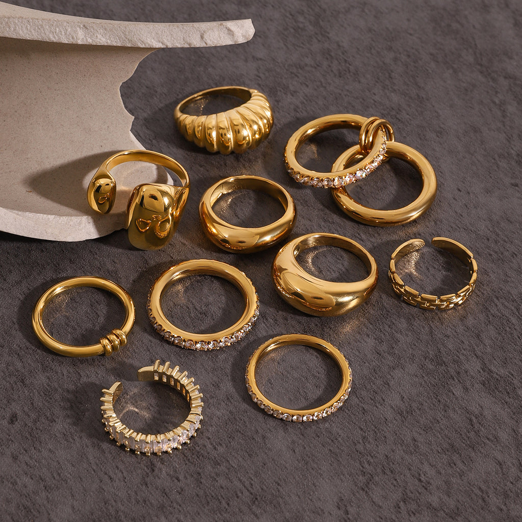 Chunky Gold Ring Set - Stackable Statement Rings with Textured & Crystal-Embellished Designs for Women