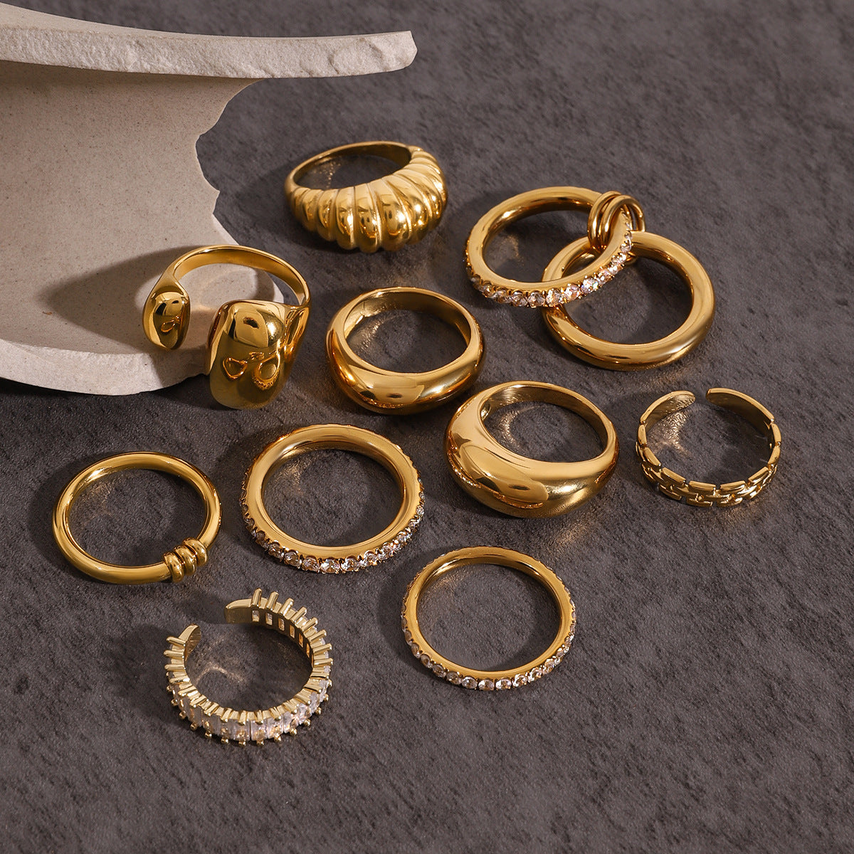 Chunky Gold Ring Set - Stackable Statement Rings with Textured & Crystal-Embellished Designs for Women