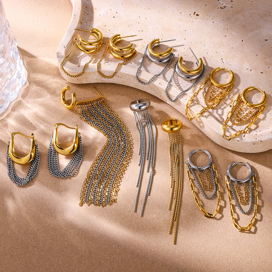 Gold Hoop Tassel CZ Dangle Earrings - Minimalist Long Chain Statement Jewelry for Women