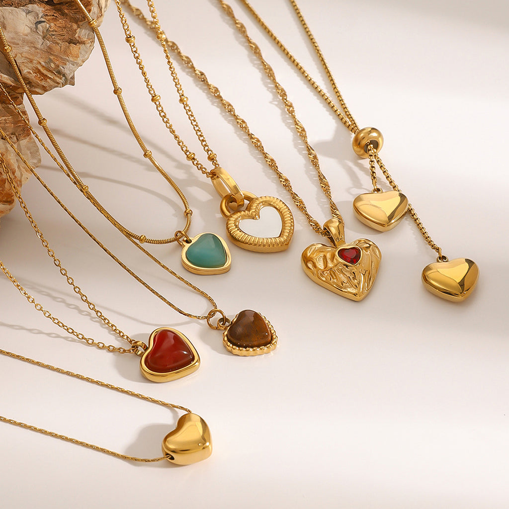 18K Gold-Plated Heart Pendant Layered Necklaces Set | Agate, Turquoise & White Mother-of-Pearl Accent Jewelry | Trendy INS-Style Dainty & Chunky Heart Necklaces for Women | Versatile Daily Wear & Party Layered Jewelry Collection