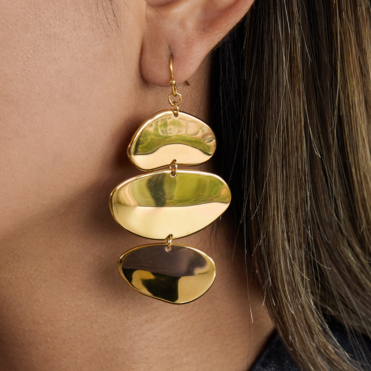 Gold Plated Three-Tiered Pebble-Shaped Drop Earrings - Bold Minimalist Statement Jewelry for Women