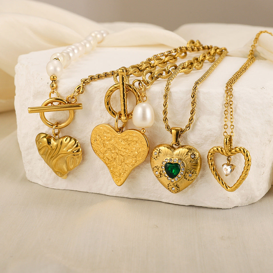 Gold Multi-Style Heart Pendant Necklace Set - CZ Gem Pearl Chain Statement Jewelry for Women