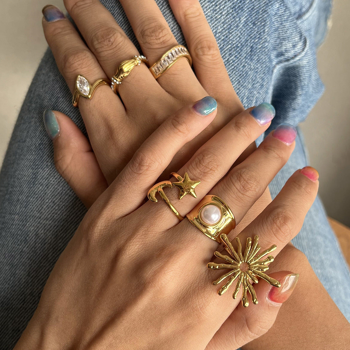 Gold Vintage Celestial Ring Set - Multi-Style Star Moon Pearl Statement Rings for Women