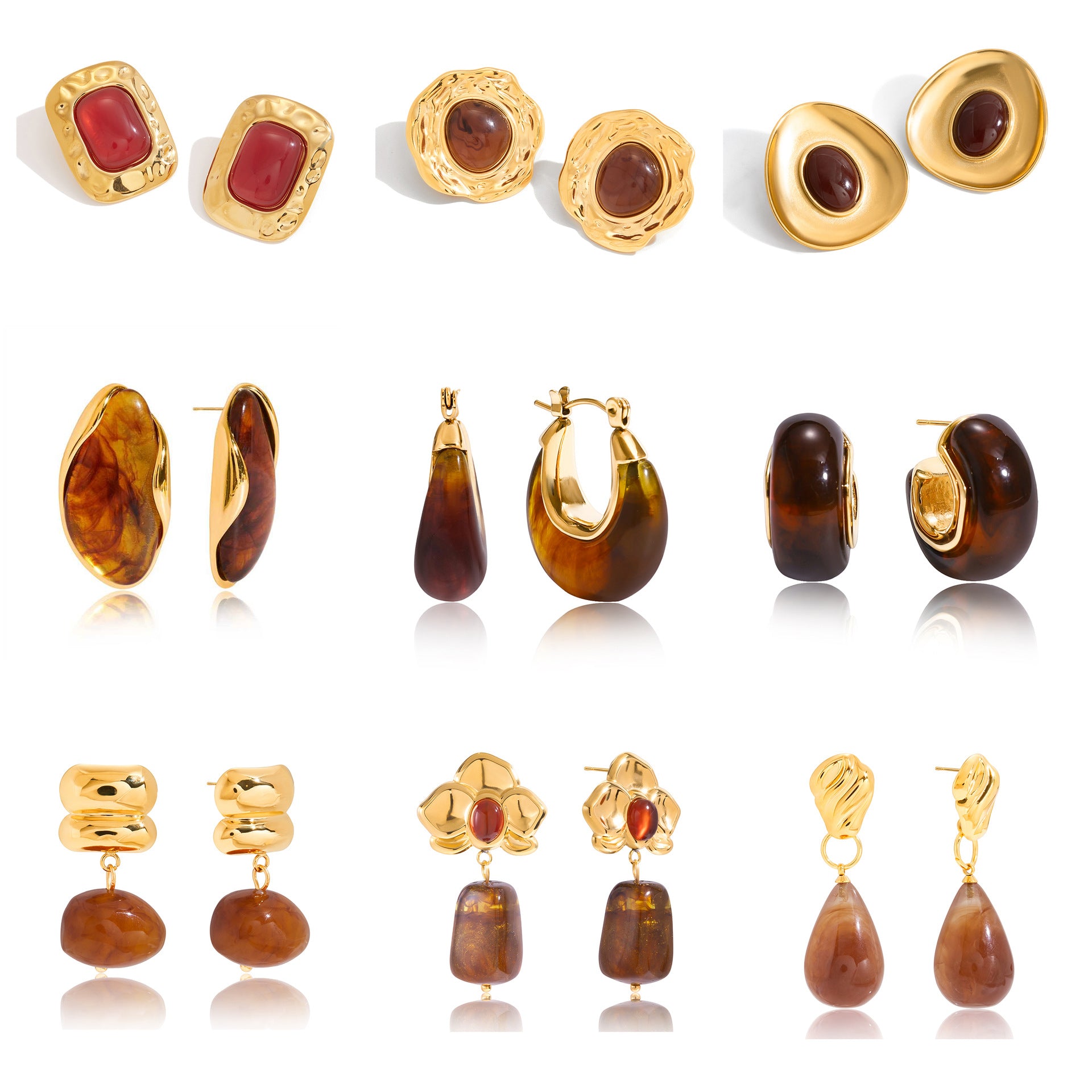 Vintage Gold & Resin Earring Set - Multi-Style Statement Earrings for Retro Fashion Enthusiasts