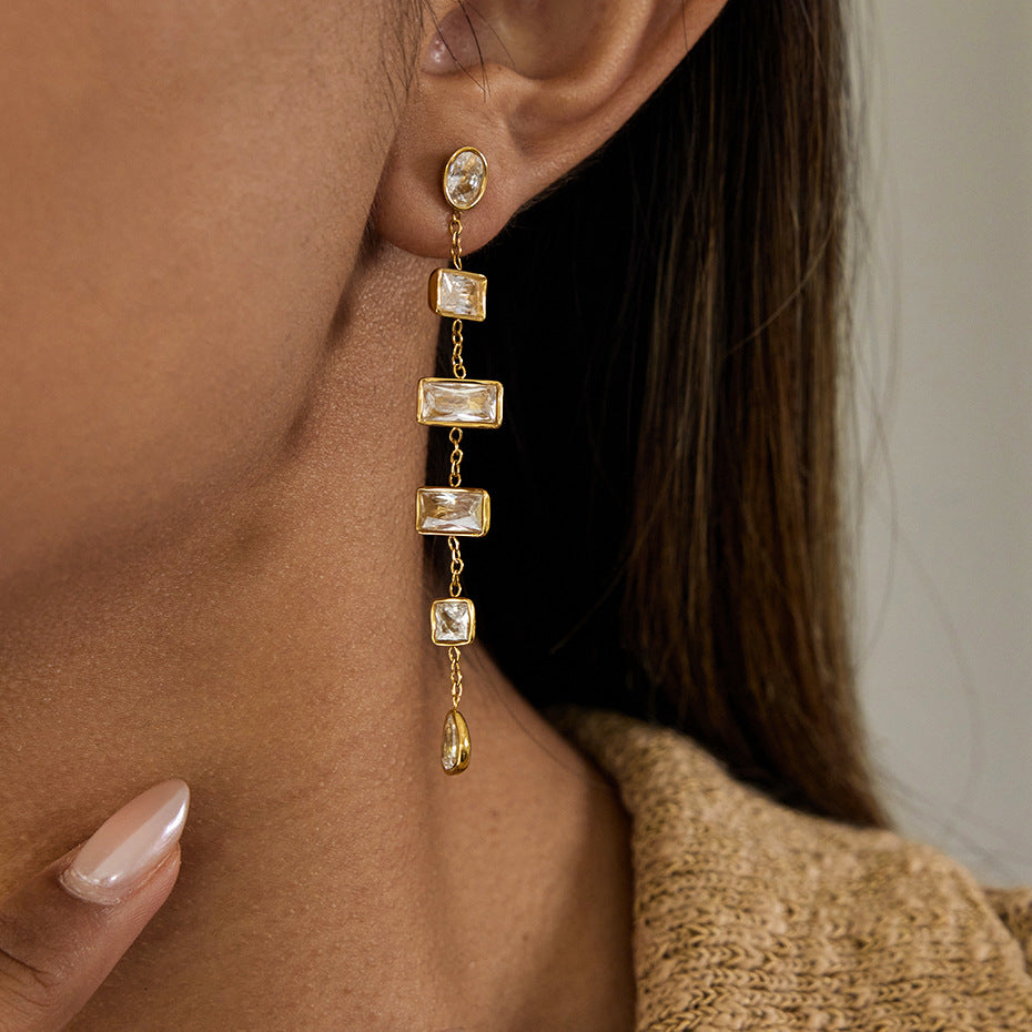 Gold Plated Multi-Shaped Clear Gem Long Drop Earrings - Rectangle/Drop Statement Jewelry for Women