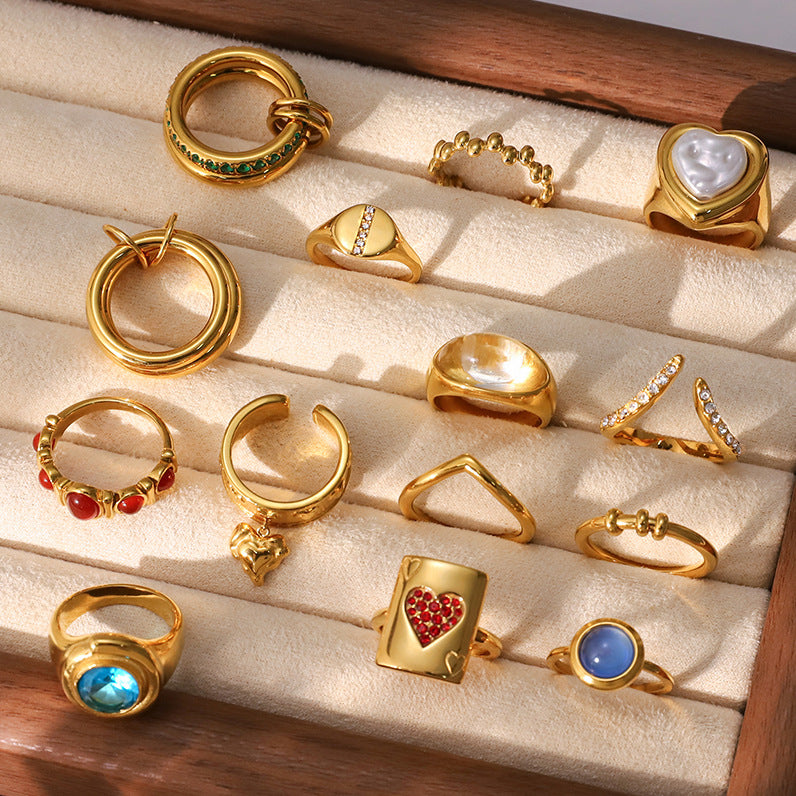 Artistic Gold Ring Set - Multi-Style Vintage Statement Rings with Gemstones & Poker Design for Women