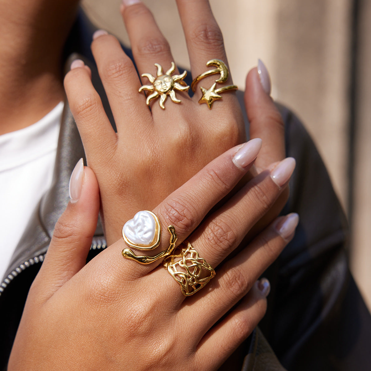 Gold Celestial Stackable Ring Set - Pearl Moon Sun Statement Jewelry for Women