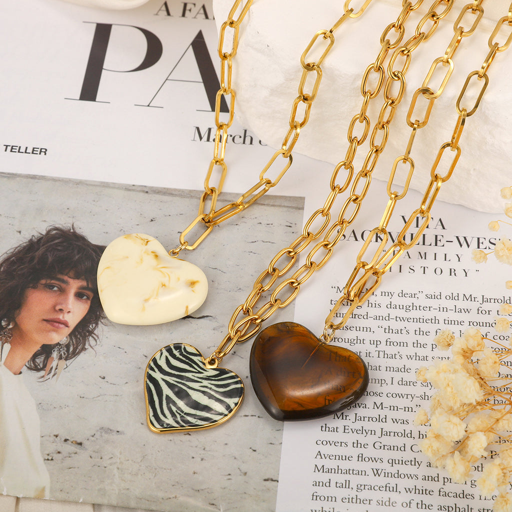 Gold Animal Print Heart Pendant Necklace Set - Marble Tiger Eye Statement Jewelry for Women