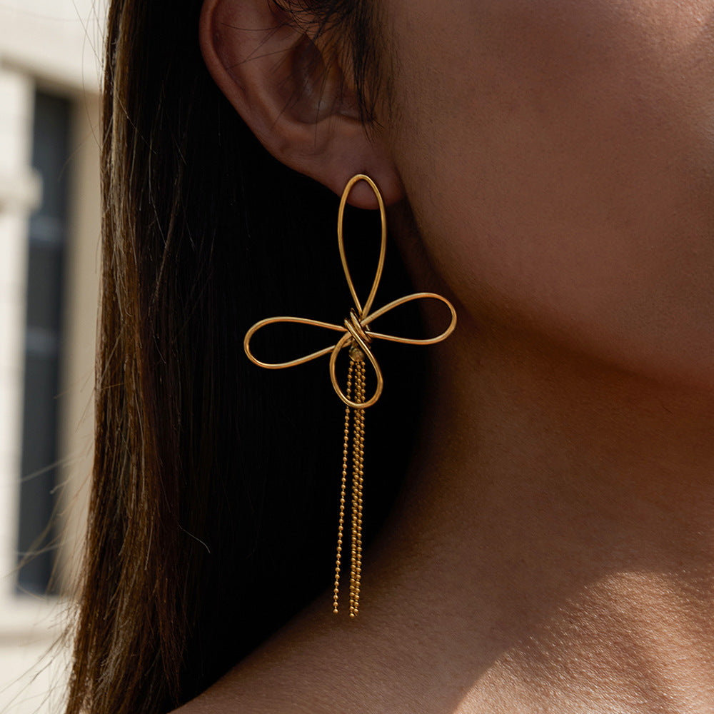 Gold Butterfly Tassel Chain Long Drop Earrings - Sleek Open-Design Statement Jewelry for Women