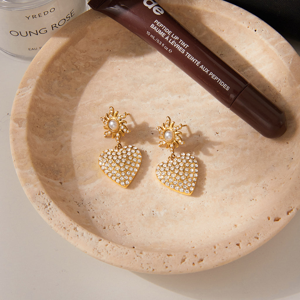 Sun & Heart CZ Pearl Gold Statement Earrings - Vintage-Inspired Sparkly Jewelry for Women