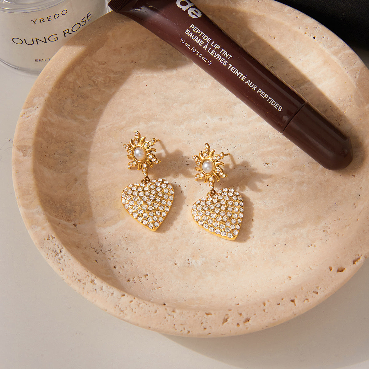 Sun & Heart CZ Pearl Gold Statement Earrings - Vintage-Inspired Sparkly Jewelry for Women