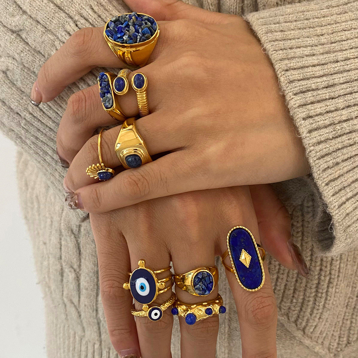Lapis Lazuli Evil Eye Gold Ring Set - Multi-Style Boho Protective Statement Rings for Women