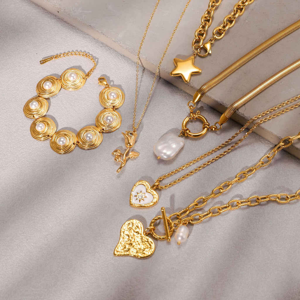 Gold Multi-Style Necklace Set - Pearl/Cross/Heart/Star Pendants (Snake/Curb Chain) Statement Jewelry for Women