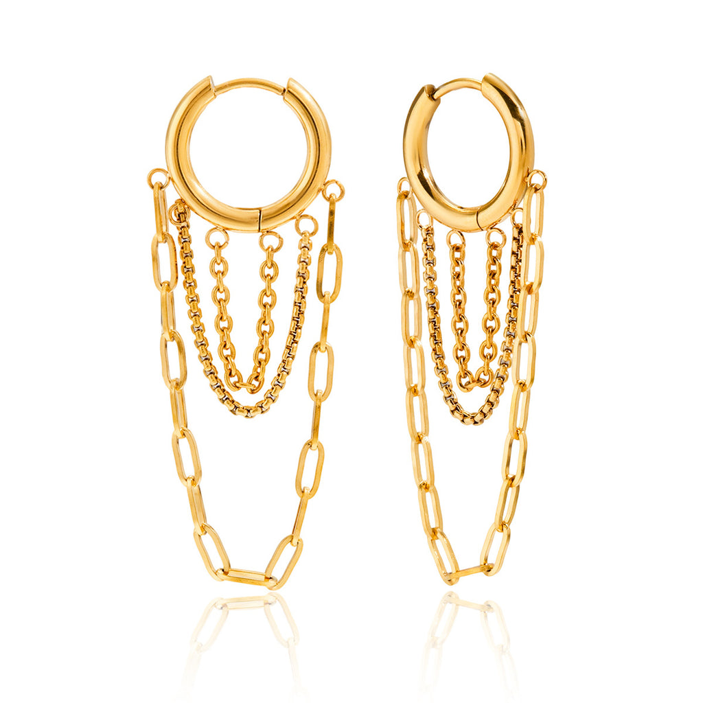 18K Gold-Plated Stainless Steel 2-Tone (Gold & Silver) Chain Fringe Oversized Hoop Earrings | Trendy INS-Style Statement Jewelry for Women | Bold Chic Fringe Hoop Earrings for Daily Wear & Party Outfits