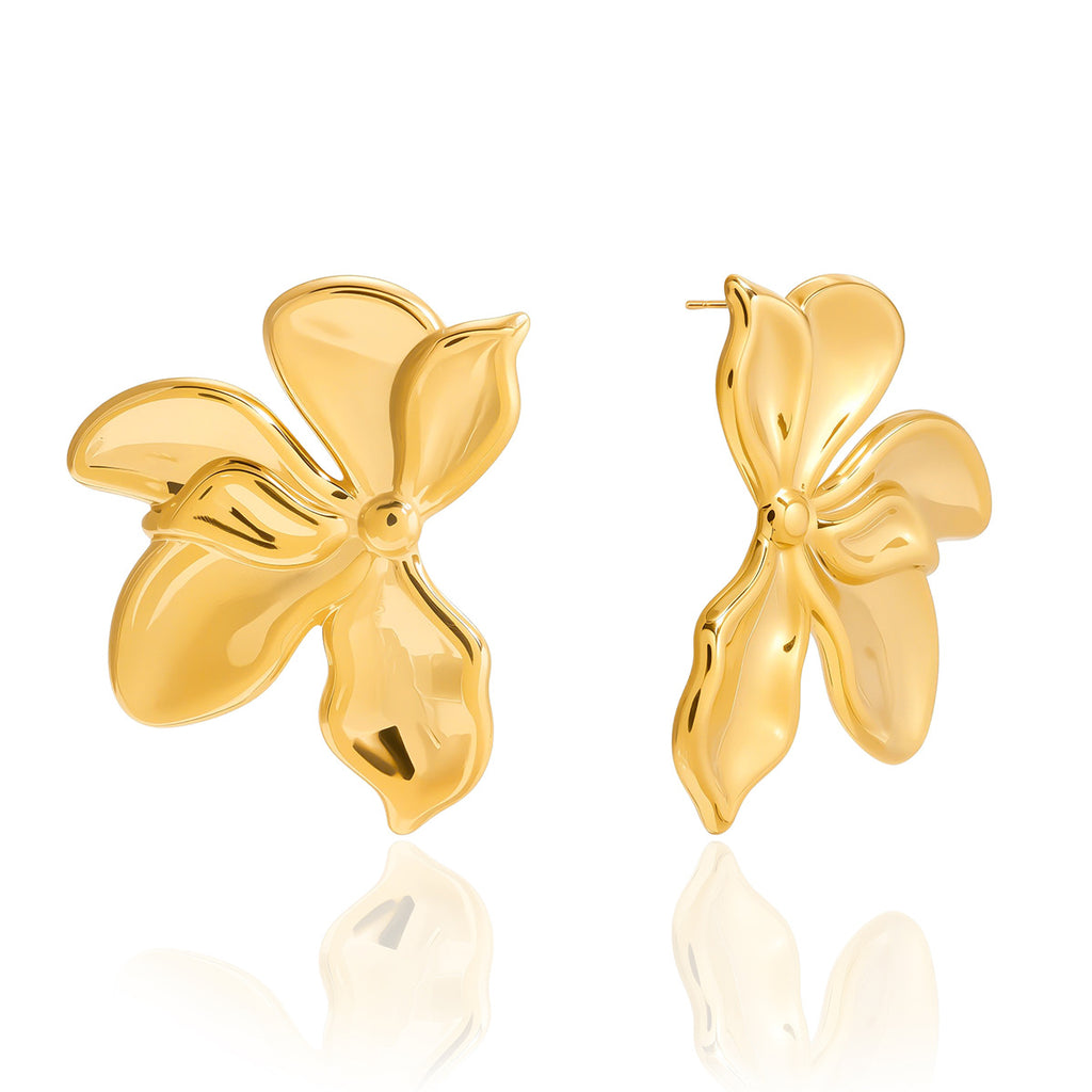 Gold Orchid Floral Statement Jewelry Set - Bold Sculpted Earrings & Ring for Women