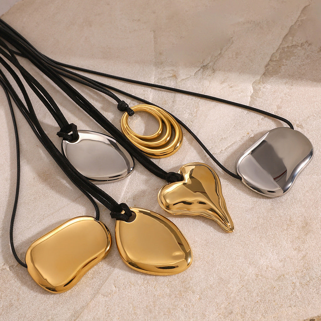 Gold/Silver Irregular Pendant Leather Cord Necklace Set - Heart/Ring Minimalist Statement Jewelry for Women