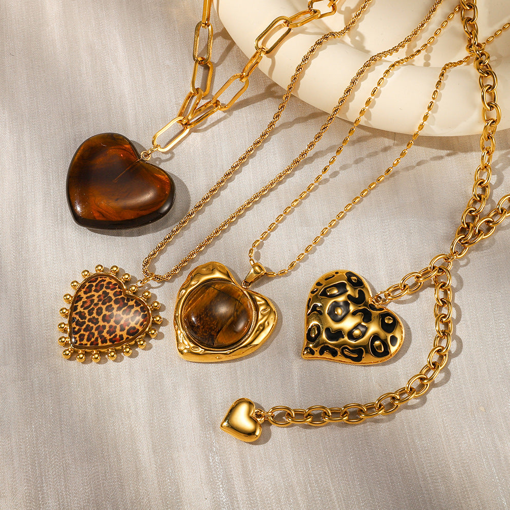 Gold Animal Print Heart Pendant Necklace Set - Marble Tiger Eye Statement Jewelry for Women