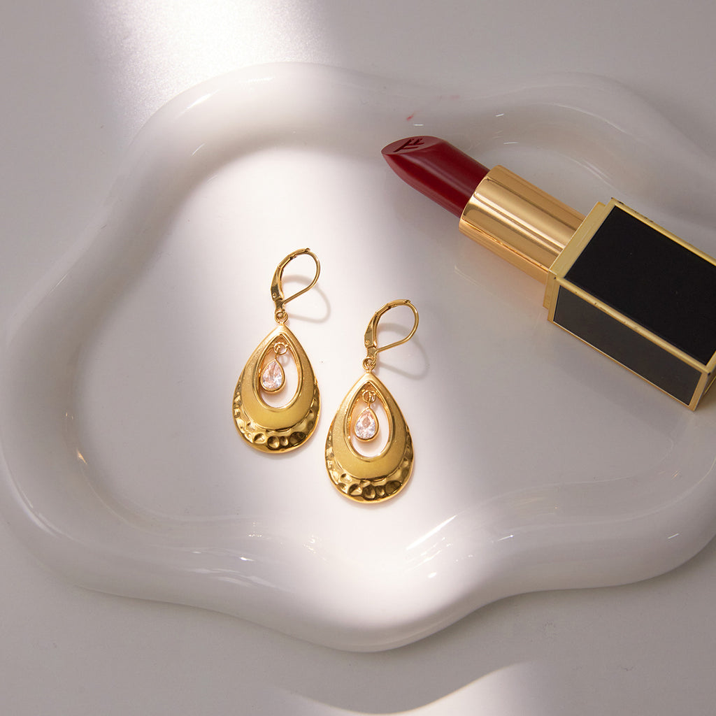 Gold Teardrop CZ Dangle Earrings - Vintage Engraved Statement Jewelry for Women
