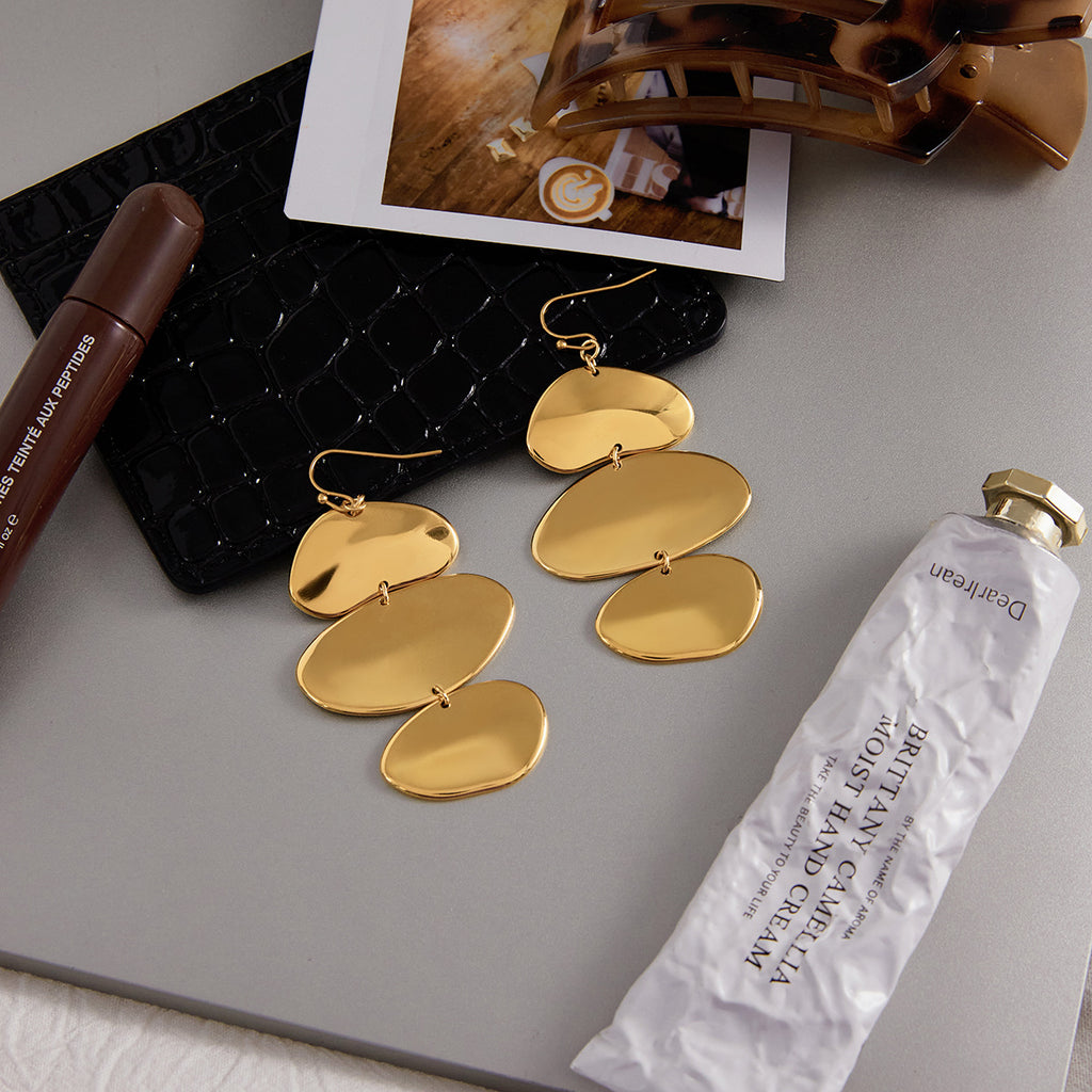 Gold Plated Three-Tiered Pebble-Shaped Drop Earrings - Bold Minimalist Statement Jewelry for Women