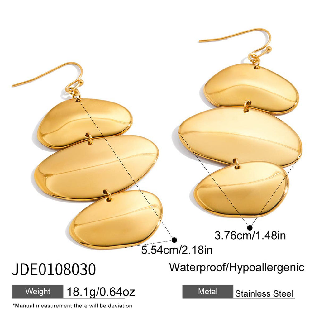 Gold Plated Three-Tiered Pebble-Shaped Drop Earrings - Bold Minimalist Statement Jewelry for Women