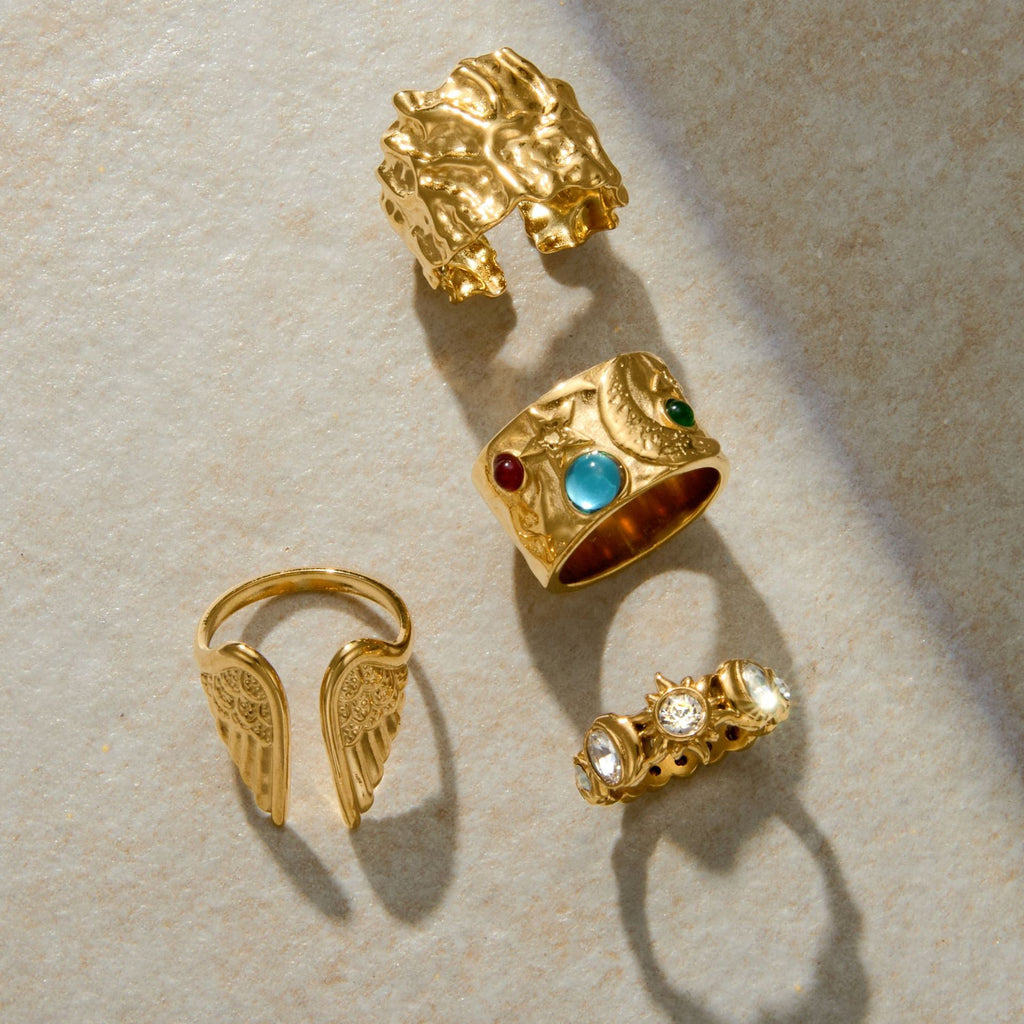 Vintage Artistic Gold Ring Set - Multi-Style Statement Rings with Gemstone & Textured Designs for Women