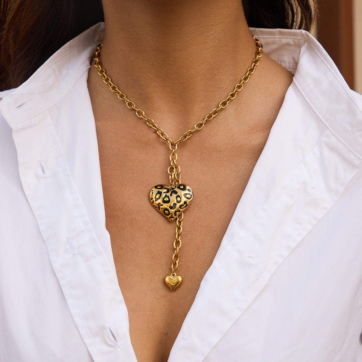 Gold Animal Print Heart Pendant Necklace Set - Marble Tiger Eye Statement Jewelry for Women