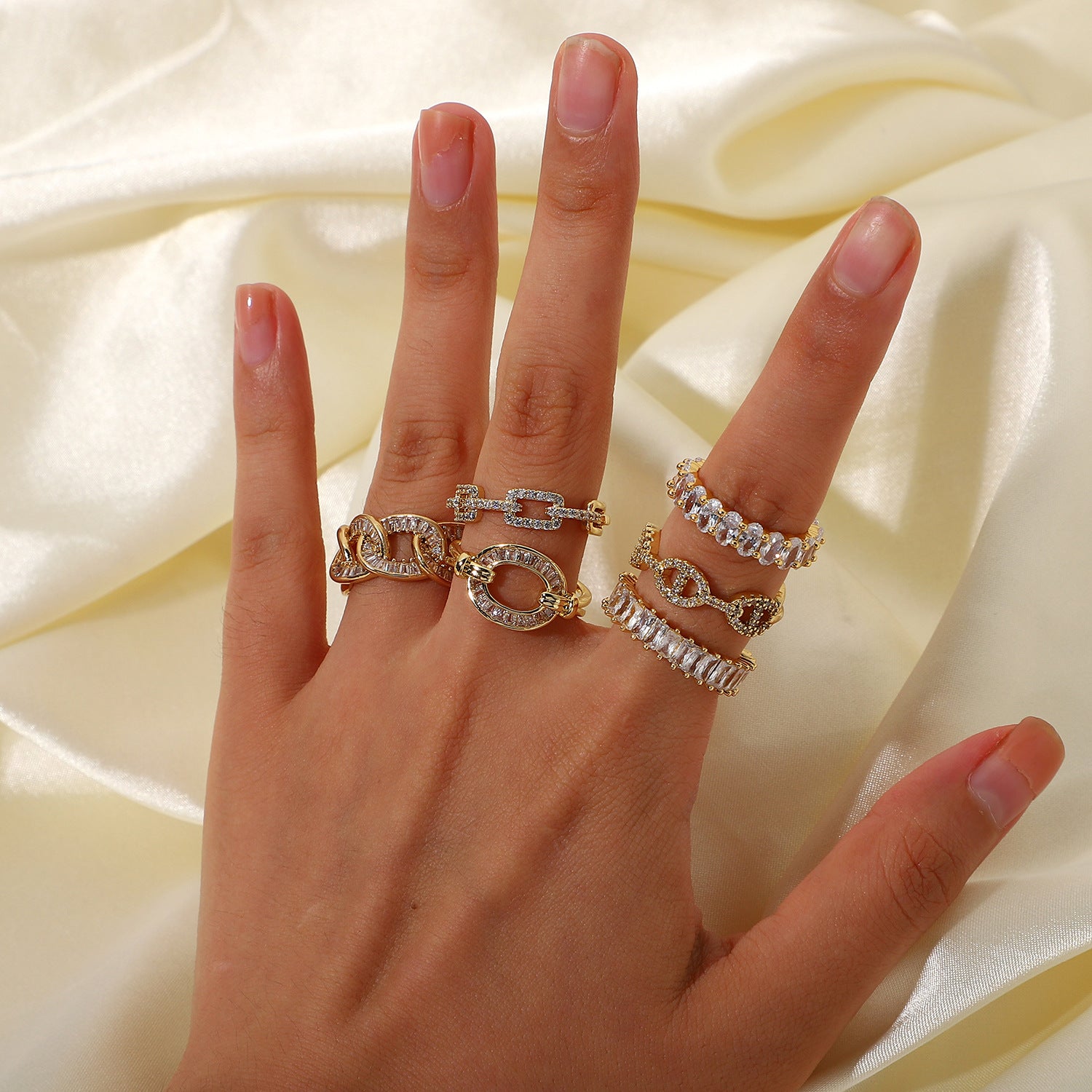 Gold CZ Chain Ring Set - Multi-Style Sparkly Stackable Rings for Women