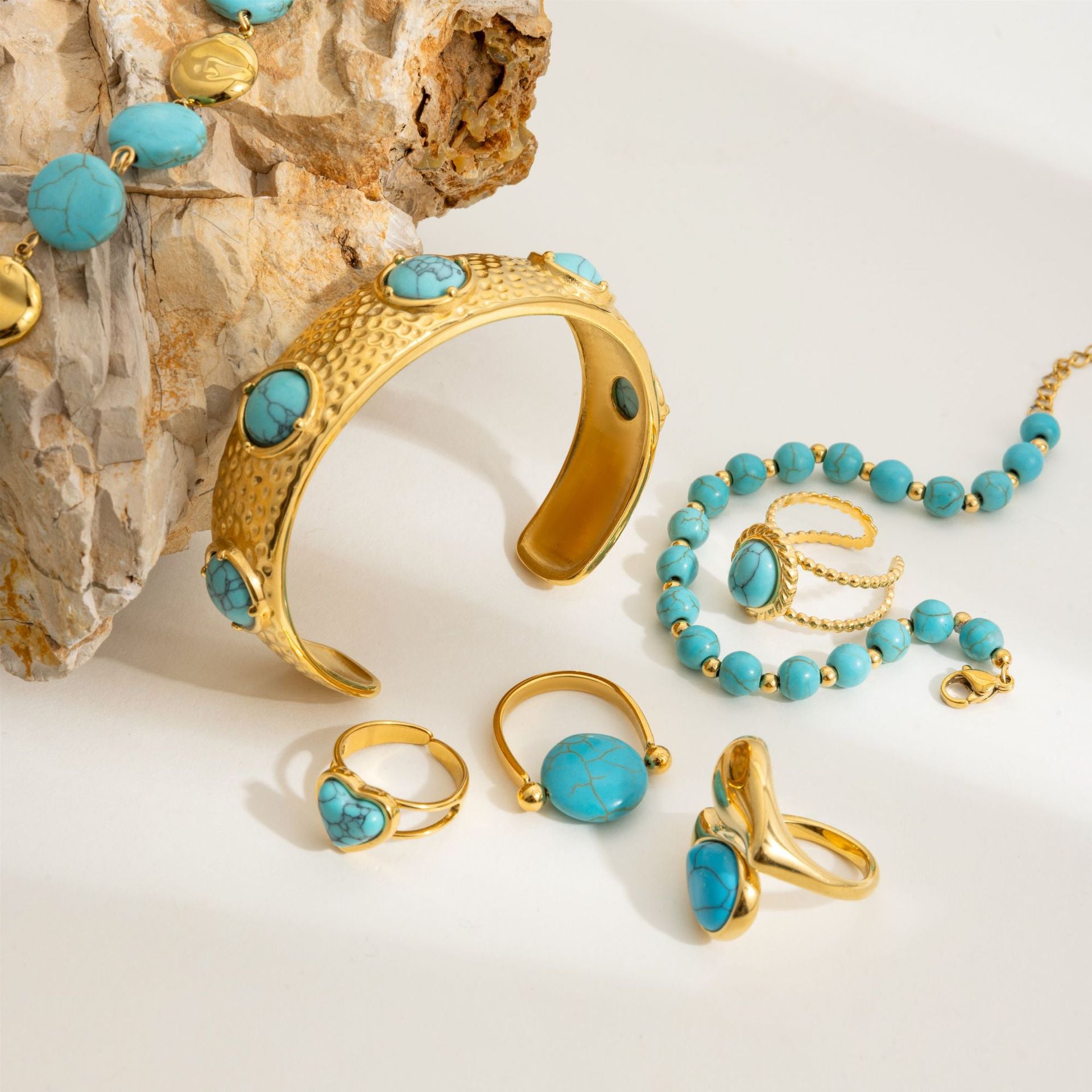 Turquoise & Gold Layered Boho Jewelry Set - Multi-Strand Bracelets (Chain/Beaded) & Statement Rings | Summer Casual Accessories for Women