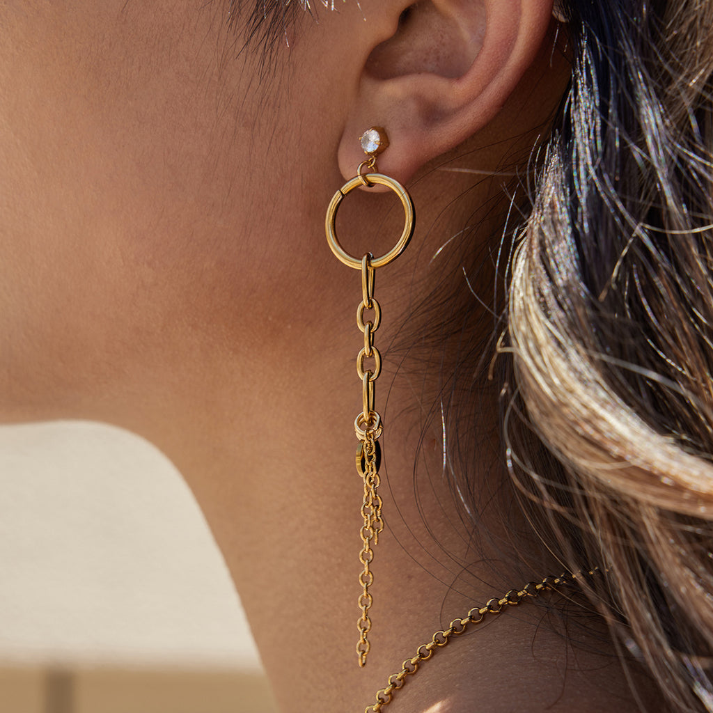 Gold Hoop Tassel CZ Dangle Earrings - Minimalist Long Chain Statement Jewelry for Women