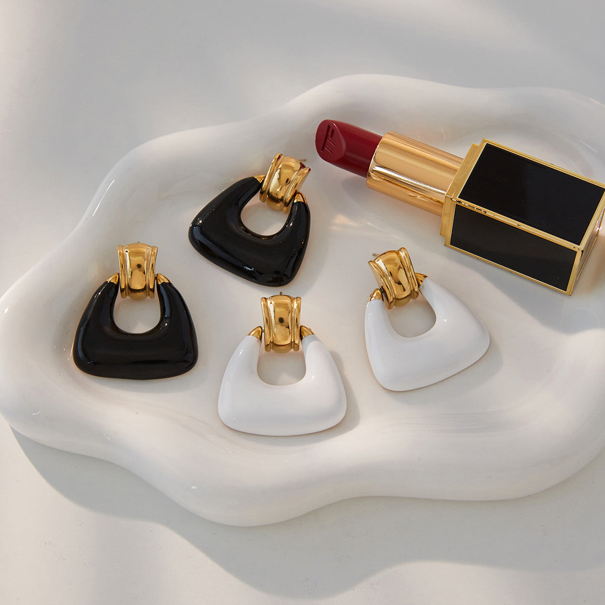 Gold Plated Geometric Statement Earrings - Black White Resin Vintage Bold Jewelry for Women