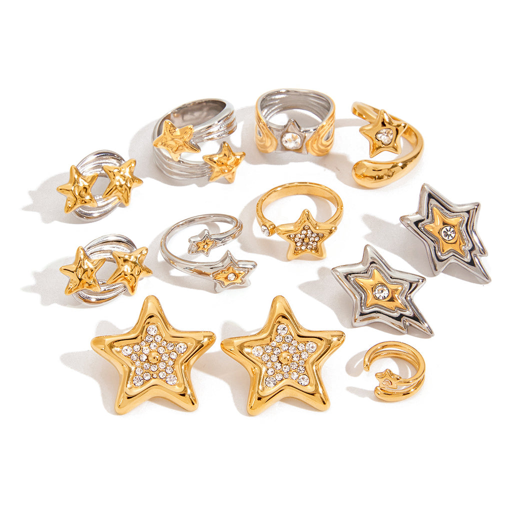 Gold & Silver Star Ring Set - Rhinestone-Accented Stackable Rings | Adjustable Open/Close Band Statement Jewelry for Women