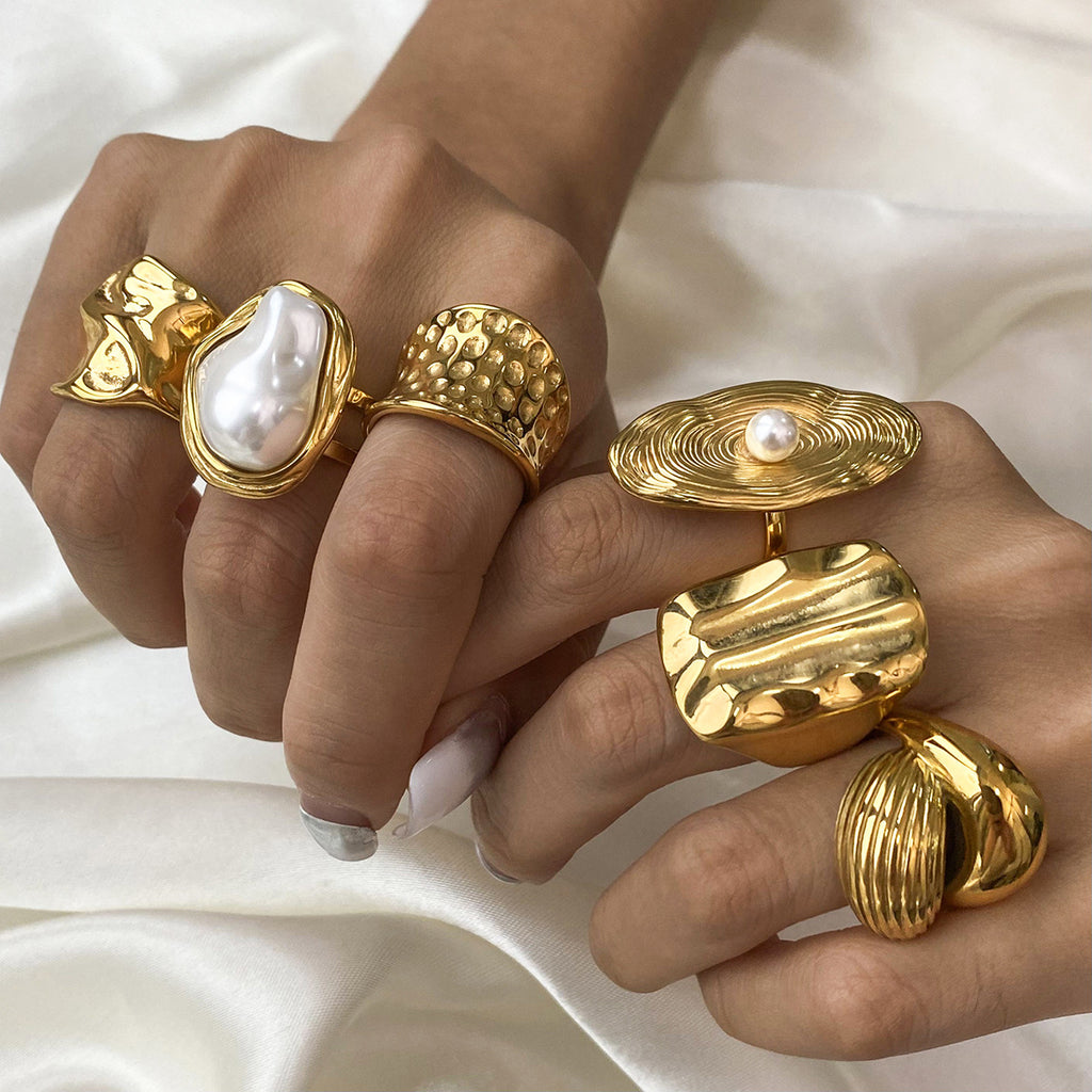 Artistic Gold Ring Set - Multi-Style Sculptural & Pearl Stackable Rings for Women