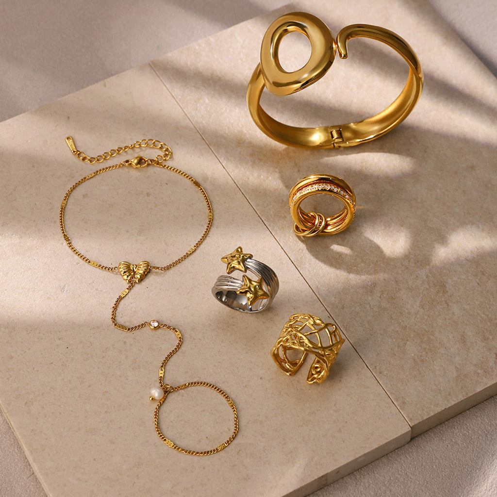 Gold Silver Stackable Ring & Bracelet Set - Vintage Multi-Style Statement Jewelry with Pearl & Geometric Designs for Women