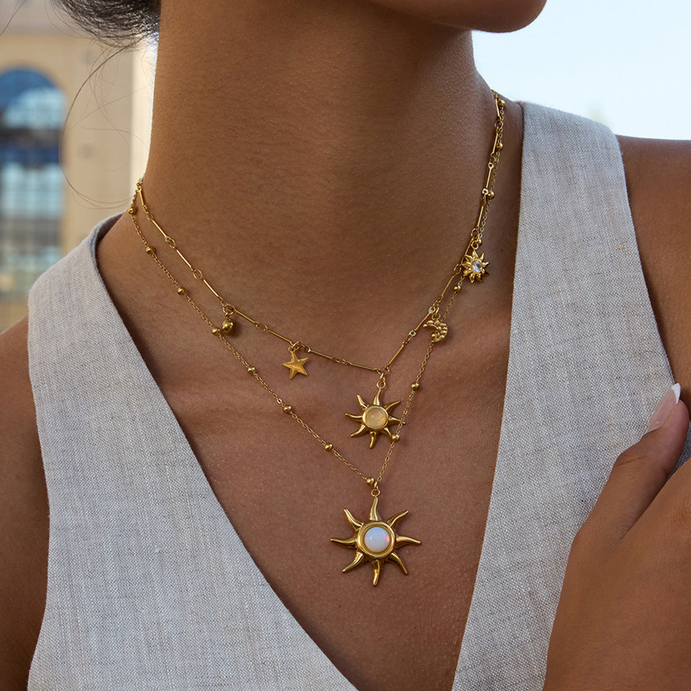 Gold Layered Celestial Necklace Set - Opal Sun/Star/Moon Charms Statement Jewelry for Women