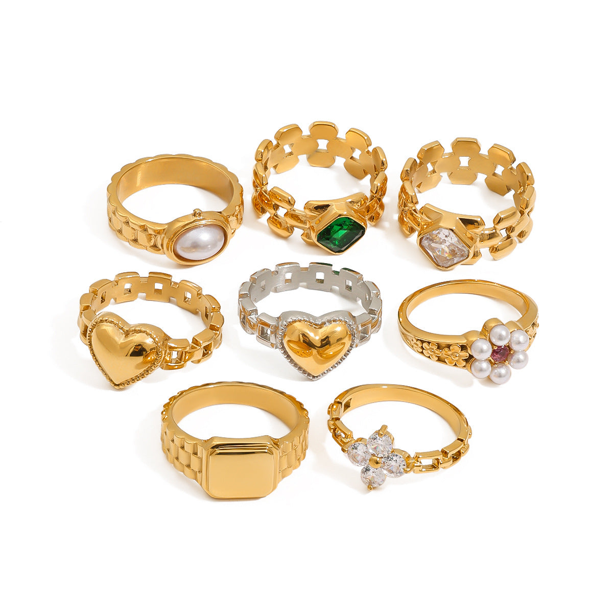 Vintage-Inspired Gold Ring Set - Mixed Gemstone, Pearl & Heart-Shaped Statement Rings for Women