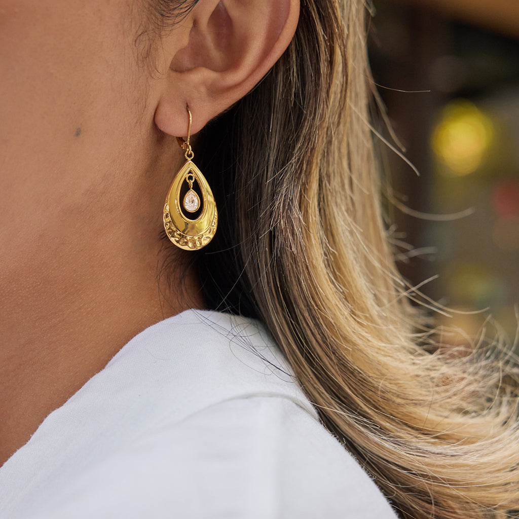 Gold Teardrop CZ Dangle Earrings - Vintage Engraved Statement Jewelry for Women