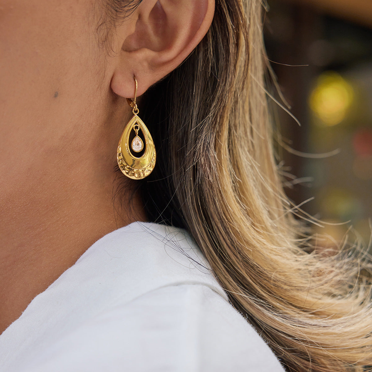 Gold Teardrop CZ Dangle Earrings - Vintage Engraved Statement Jewelry for Women