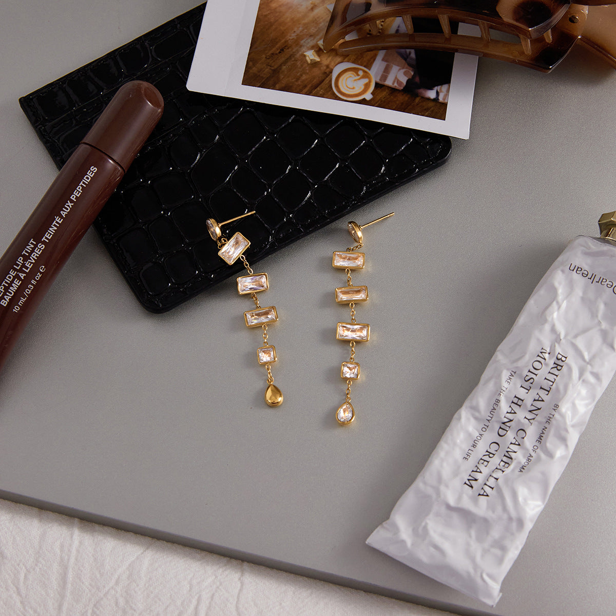 Gold Plated Multi-Shaped Clear Gem Long Drop Earrings - Rectangle/Drop Statement Jewelry for Women