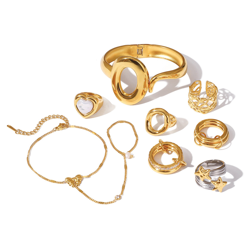 Gold Silver Stackable Ring & Bracelet Set - Vintage Multi-Style Statement Jewelry with Pearl & Geometric Designs for Women