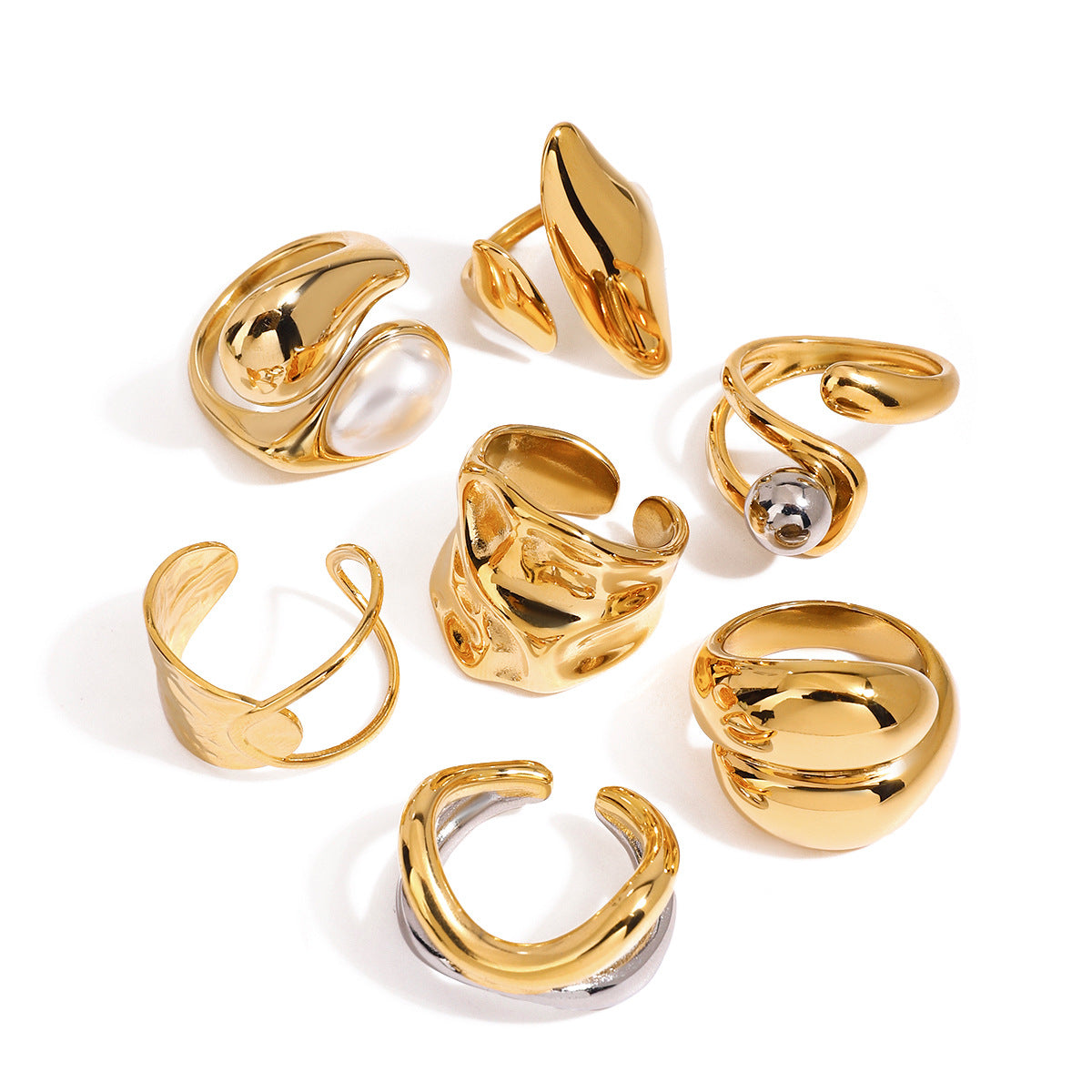 Artistic Gold Statement Ring Set - Abstract Sculptural & Pearl-Embellished Rings for Avant-Garde Women's Fashion