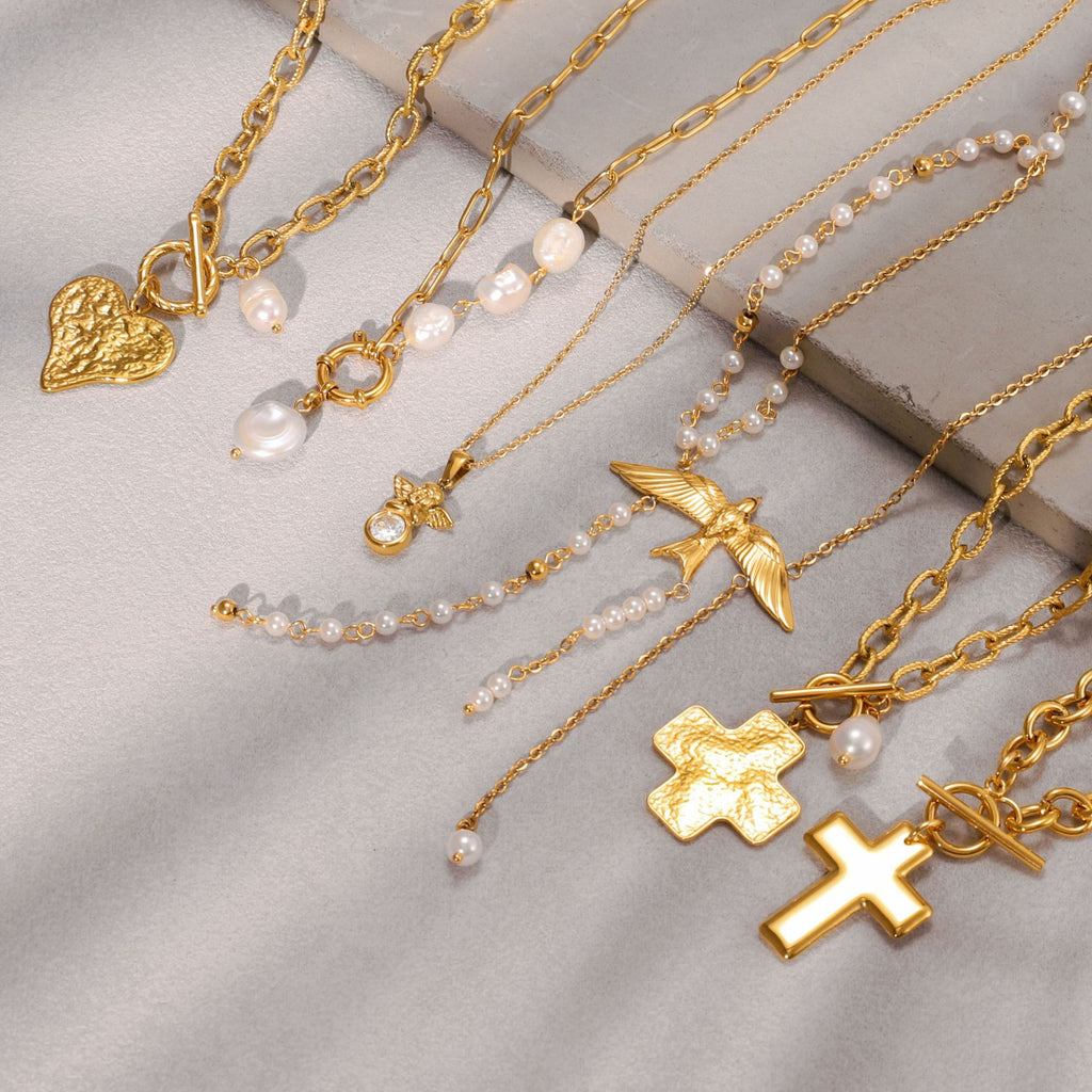 Gold Multi-Style Necklace Set - Pearl/Cross/Heart/Star Pendants (Snake/Curb Chain) Statement Jewelry for Women