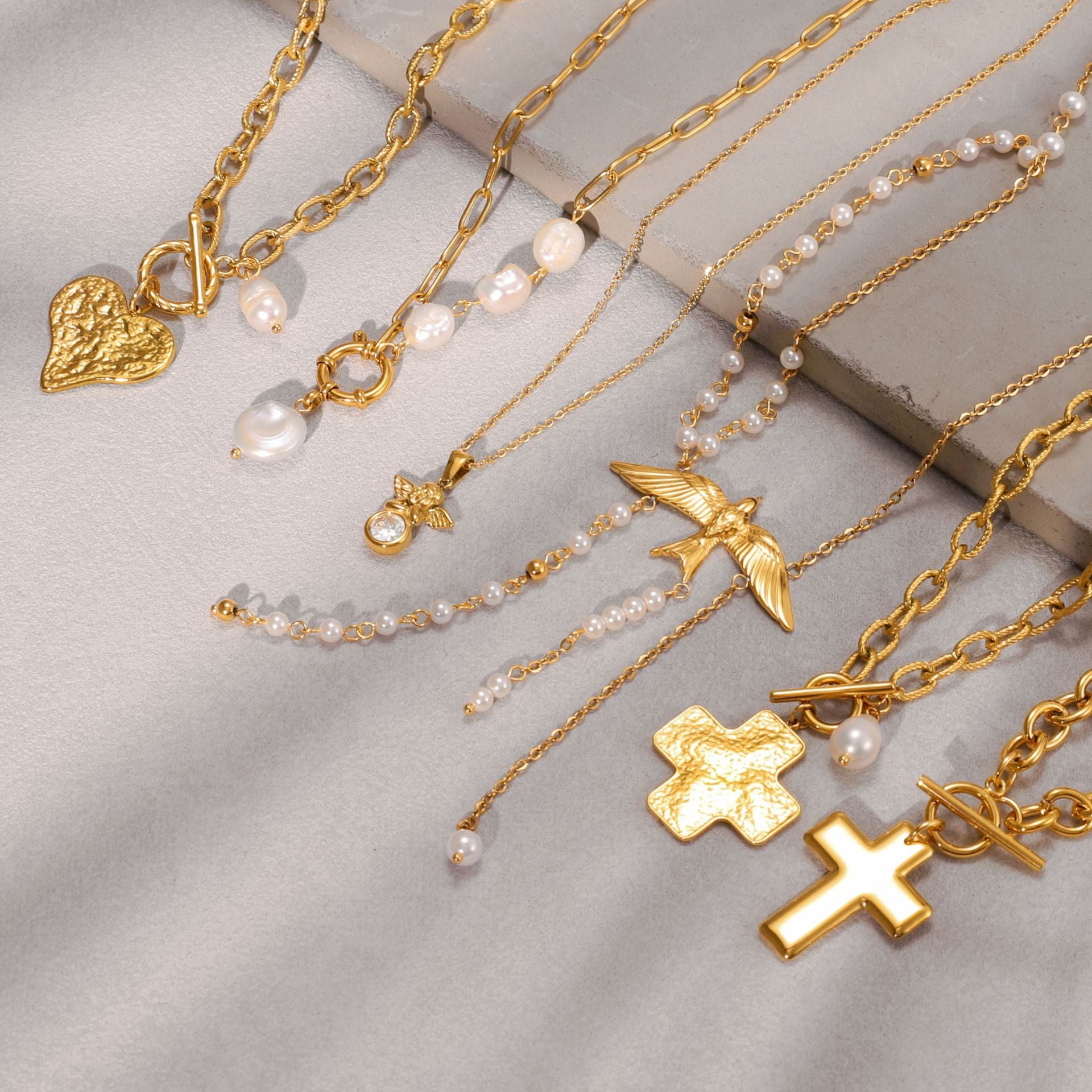 Gold Multi-Style Necklace Set - Pearl/Cross/Heart/Star Pendants (Snake/Curb Chain) Statement Jewelry for Women
