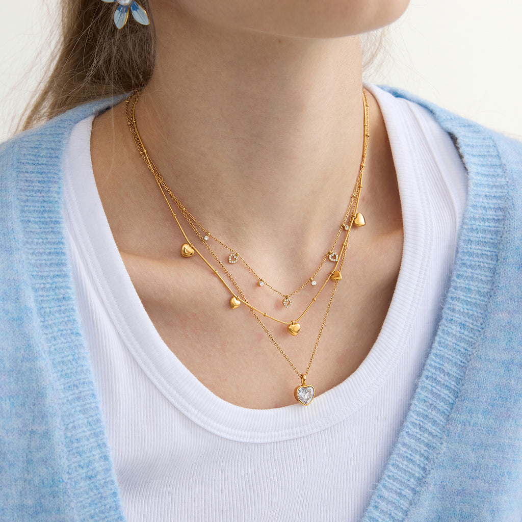 Gold Multi-Style Heart Pendant Necklace Set - CZ Gem Pearl Chain Statement Jewelry for Women