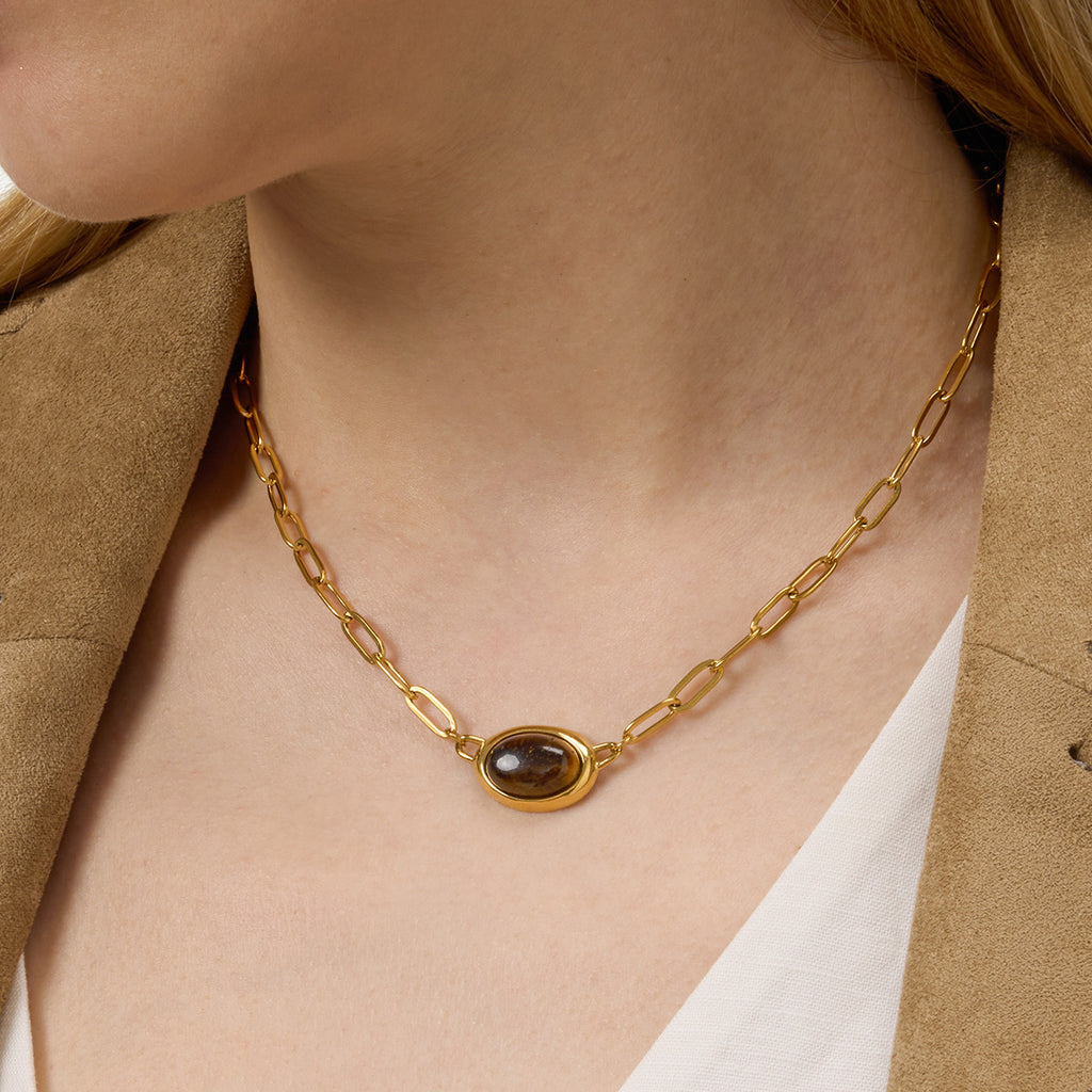 Gold Link Chain Choker Necklace with Oval Tiger Eye Gem Pendant - Elegant Minimalist Statement Jewelry for Women