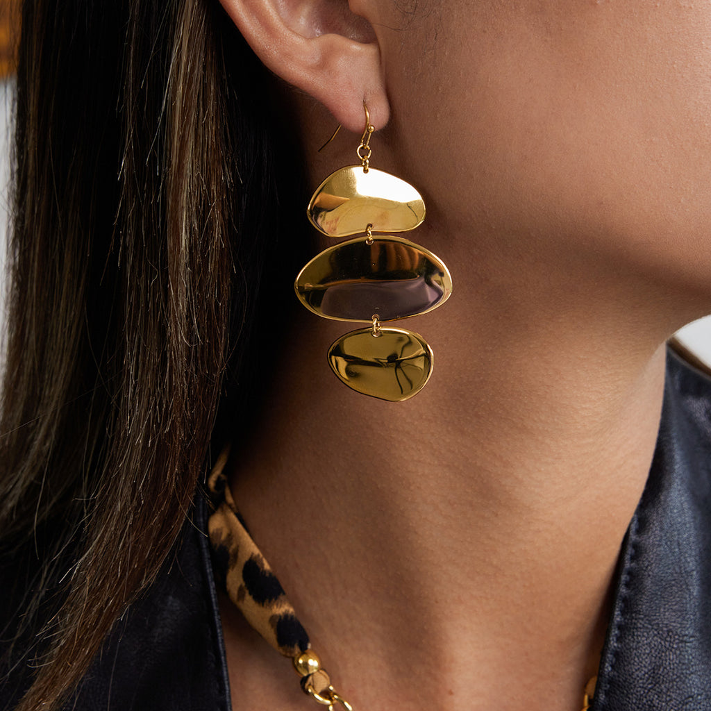 Gold Plated Three-Tiered Pebble-Shaped Drop Earrings - Bold Minimalist Statement Jewelry for Women