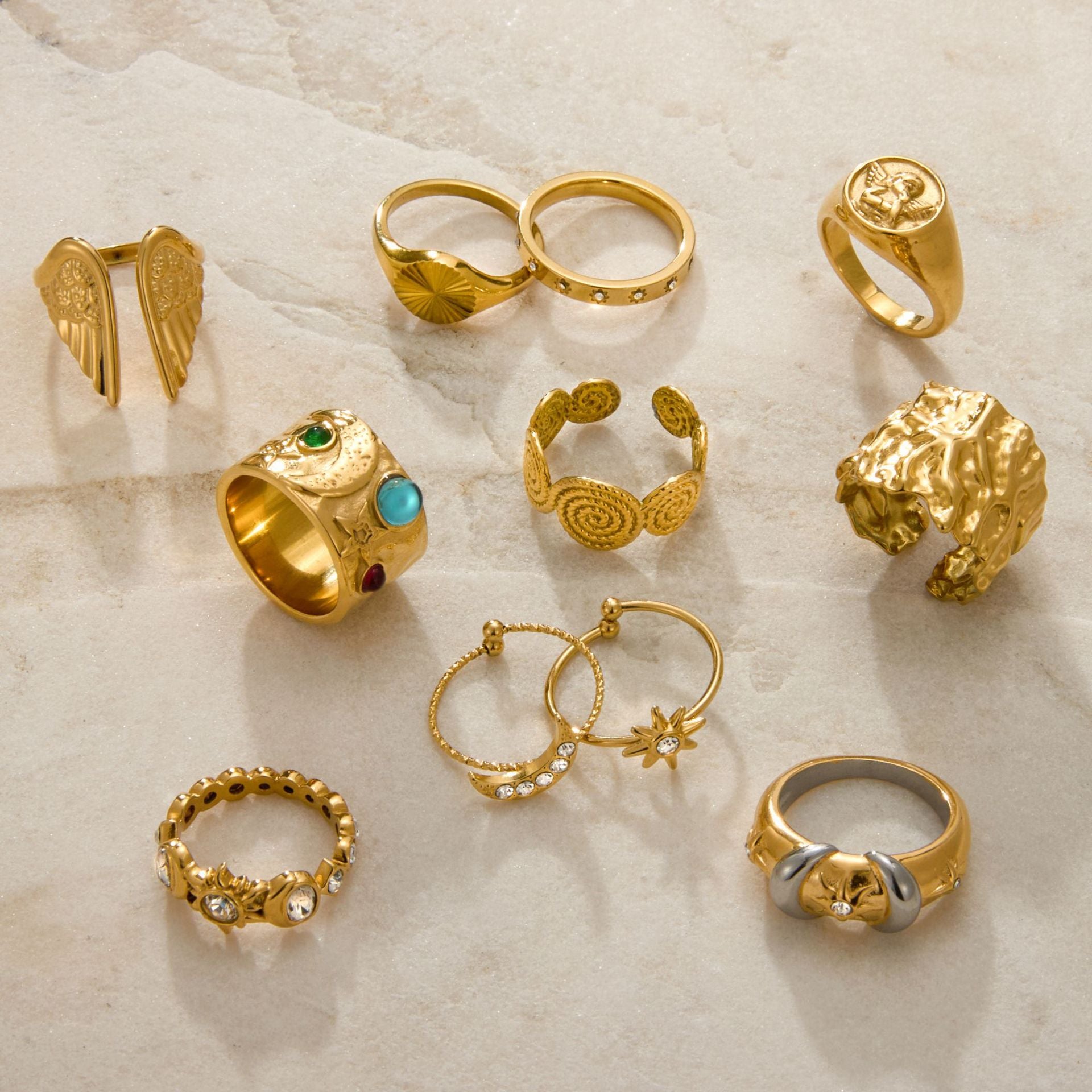Vintage Artistic Gold Ring Set - Multi-Style Statement Rings with Gemstone & Textured Designs for Women
