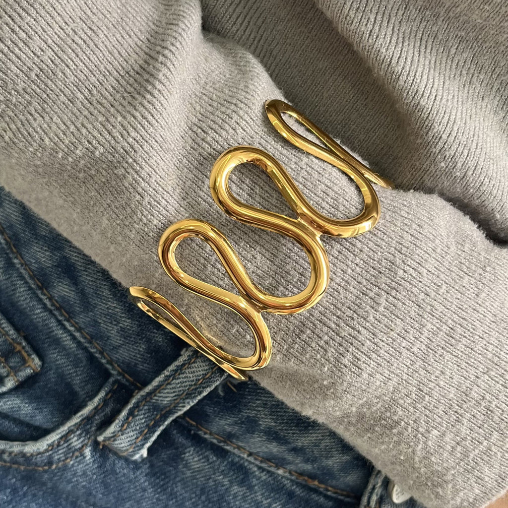 Gold Plated Wave Geometric Cuff Bracelet - Bold Statement Jewelry for Women