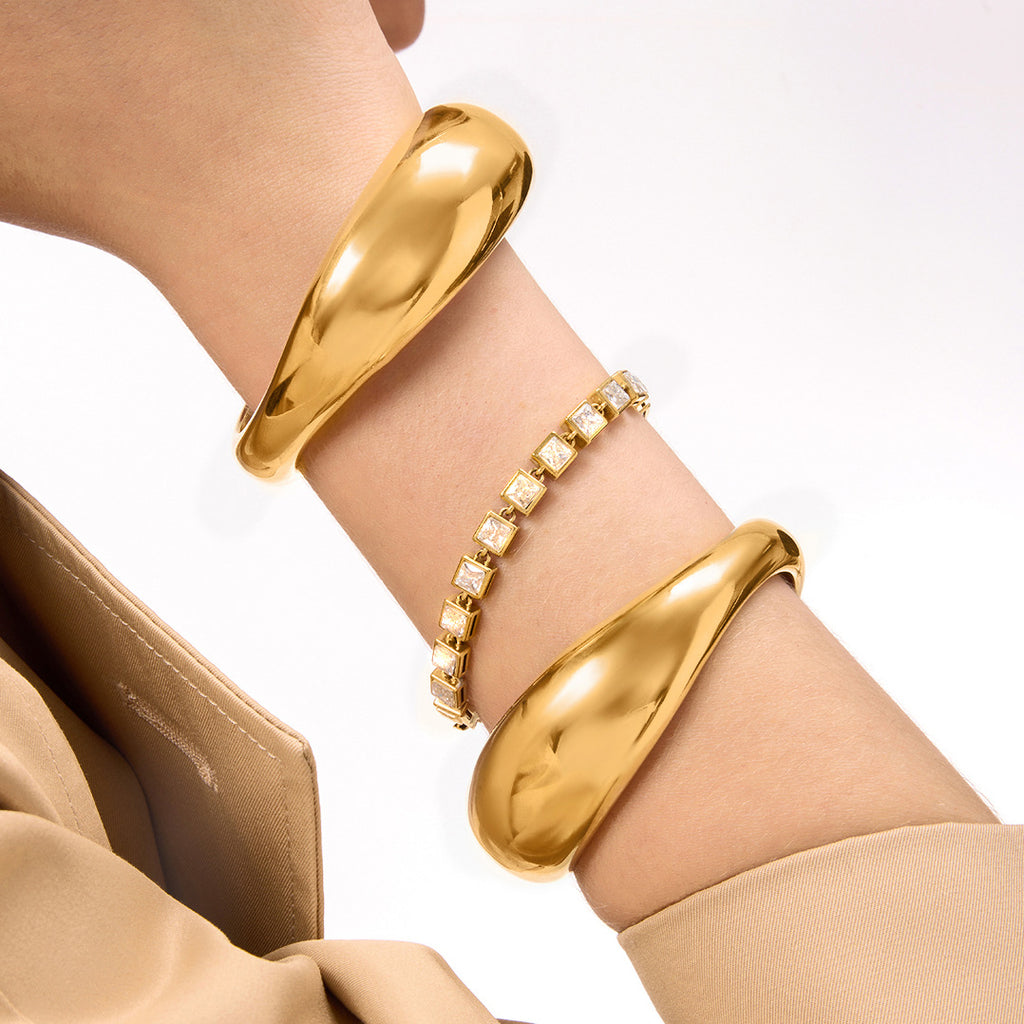 Gold Sleek Wide Cuff & CZ Square Stone Bracelet Set - Minimalist Statement Jewelry for Women