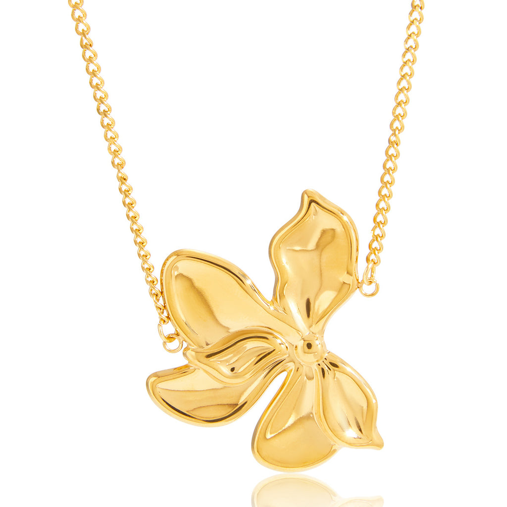 Gold Orchid Floral Statement Jewelry Set - Bold Sculpted Earrings & Ring for Women